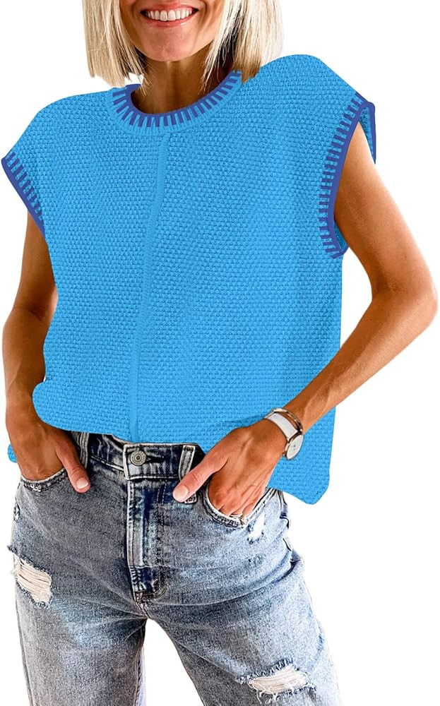 Waffle Knit Sweater Shirts for Women Cap Sleeve Summer Tops Basic Tank Tops | Amazon (US)