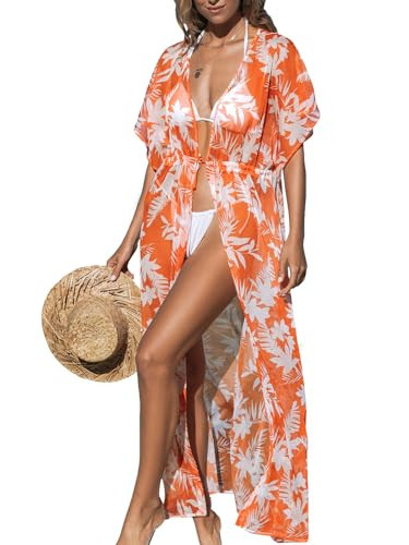 CUPSHE Kimono Swimsuit Coverup for Women Open Front Print Maxi Cardigan Beach Cover Up Orange Leaf, XXL | Amazon (US)