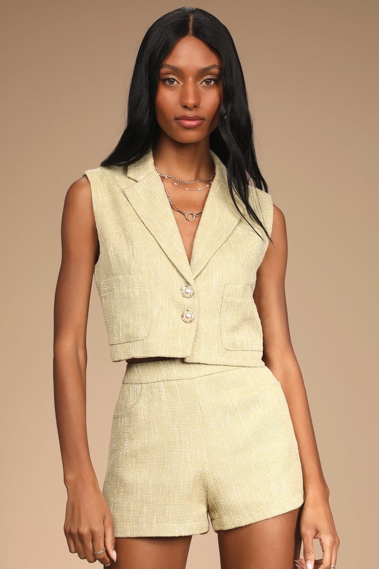 Perfect Company Olive Tweed Sleeveless Cropped Blazer | Lulus