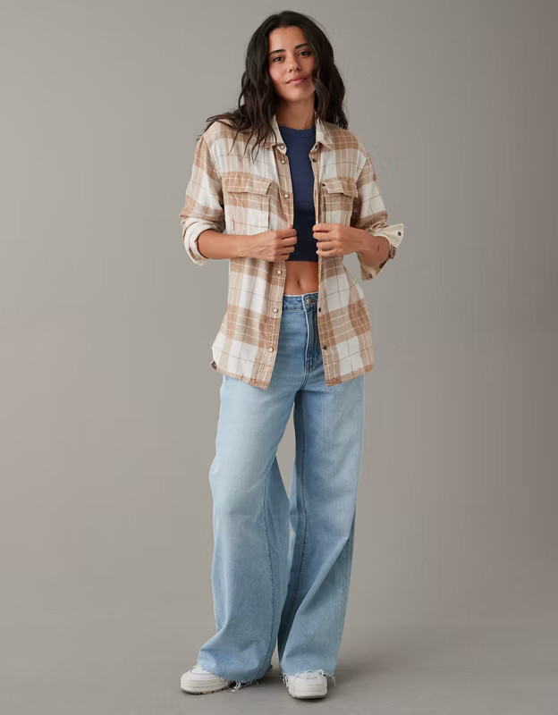 AE Oversized Long-Sleeve Plaid Button-Up Shirt | American Eagle Outfitters (US & CA)