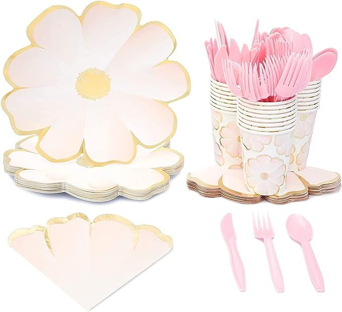 144 Piece Flower Party Supplies with Daisy Paper Plates, Napkins, Cups, and Cutlery (Serves 24) | Amazon (US)