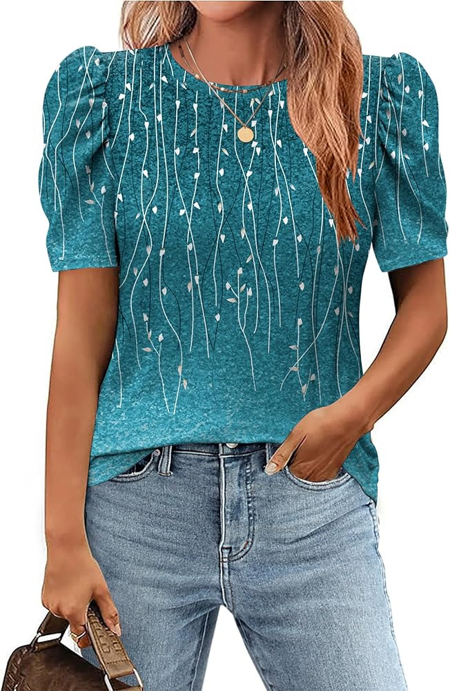 Zeagoo Blouse for Women Dressy Casual Puff Short Sleeve Boho Tops Fashion Floral Crew Neck Tunic ... | Amazon (US)
