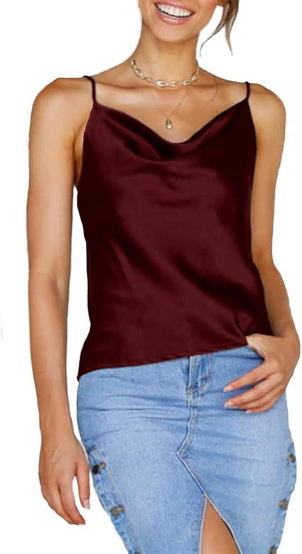 Famulily Women Cowl Neck Silky Cami Tank Top Soft Summer Strappy Camisole Crop Top | Amazon (US)