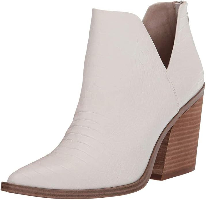 Kathemoi Womens Ankle Boots Slip on Cutout Pointed Toe Snakeskin Chunky Stacked Mid Heel Booties | Amazon (US)