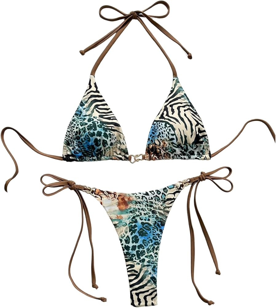 WDIRARA Women's Leopard Print Swimsuit Triangle Halter String Bikini Set 2 Piece Bathing Suit | Amazon (US)