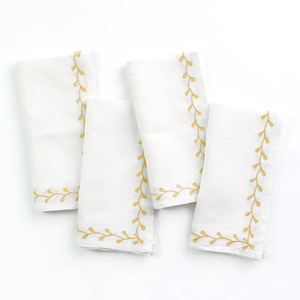 Twig & Bud Mustard Embroidered Linen Napkin | Set of 4 | Pomegranate