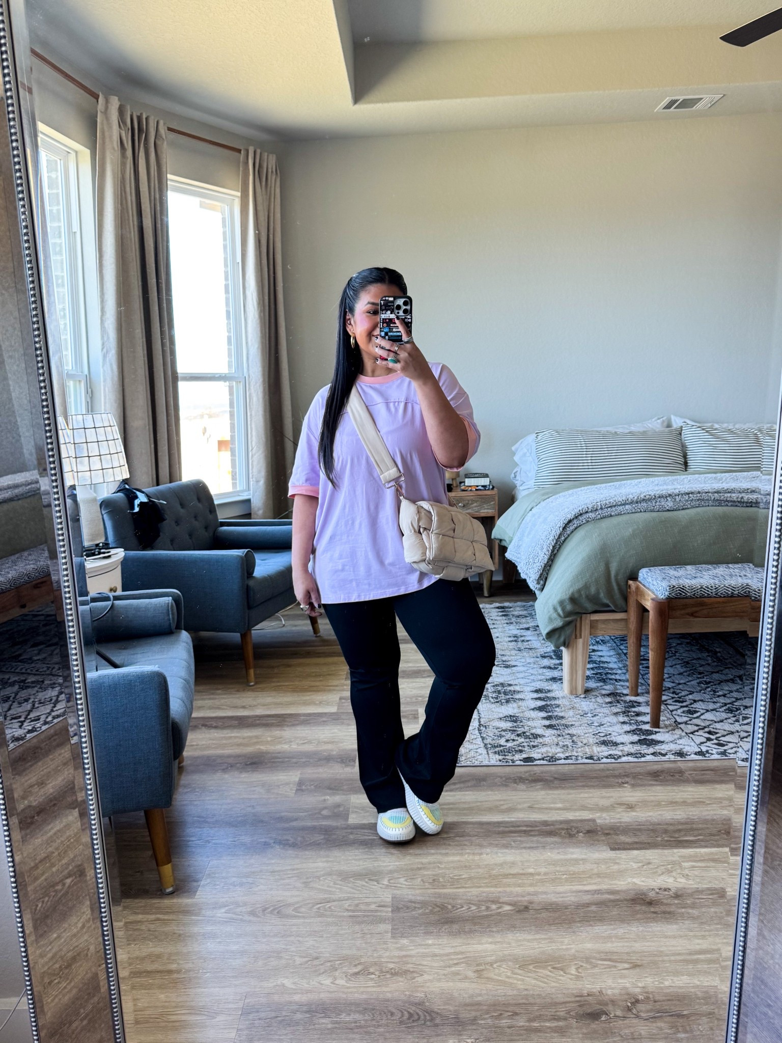 ⁣
I’m 5’1” size 12⁣ •• LEGGINGS: from Amazon, wearing a size L // these feel very similar to the Aerie crossover leggings! So stretchy, high waisted, wide leg (but not TOO wide leg), and so comfortable.⁣ •• TEE: from Walmart, wearing a size L // just a staple oversized tee that you can throw on with leggings or biker shorts. Love this color combo! •• SHOES: from Amazon, true to size // the cutest braided sneakers, come in so many fun colors!⁣