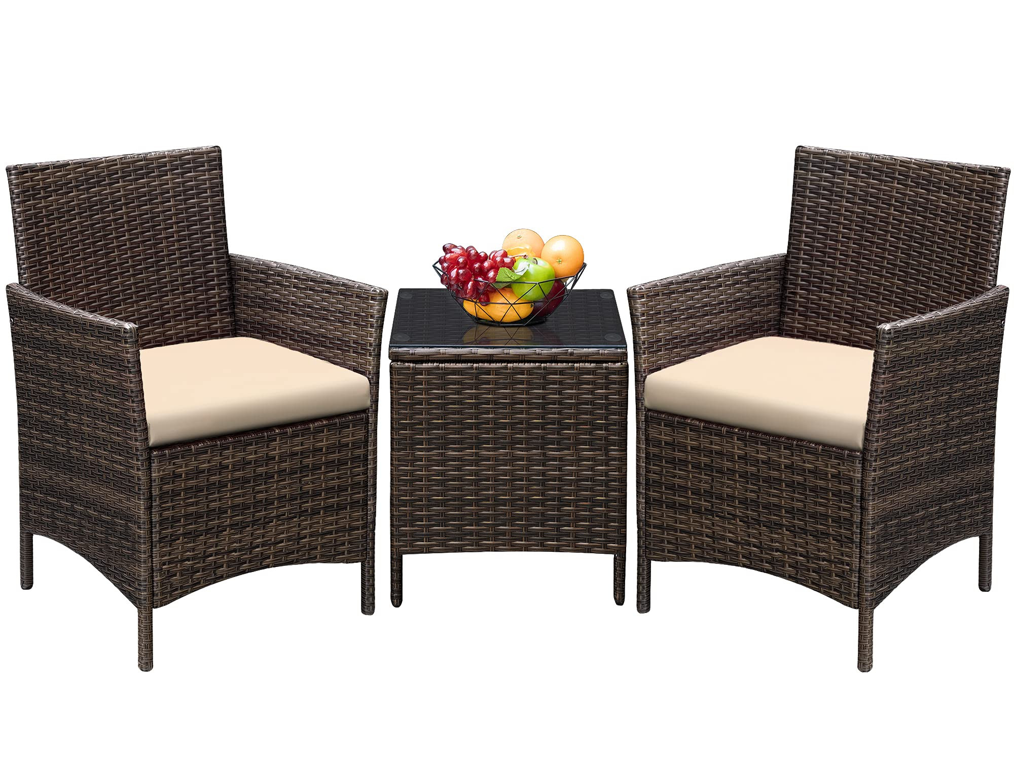 Greesum 3 Pieces Patio Furniture PE Rattan Wicker Chair Conversation Set, Brown and Beige, 26.6x1... | Amazon (US)