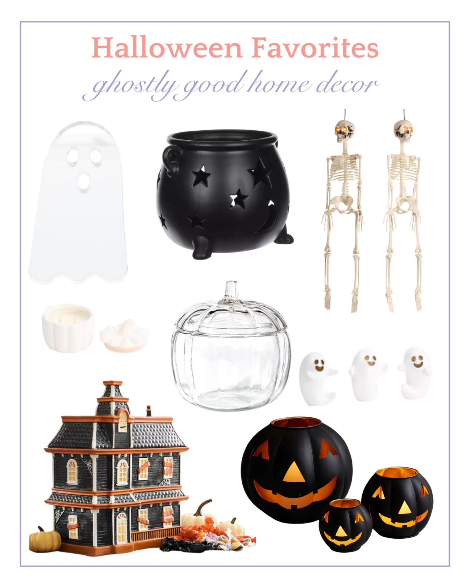 Decorate for halloween with some spooky home decor! Add a fun haunted house, glass pumpkin jar for candy, or LED hanging skeletons. 
Ghost, cauldron, skeleton, haunted house, jack o lantern, halloween decor, home decor, halloween 

#LTKSeasonal #LTKFindsUnder100 #LTKHome