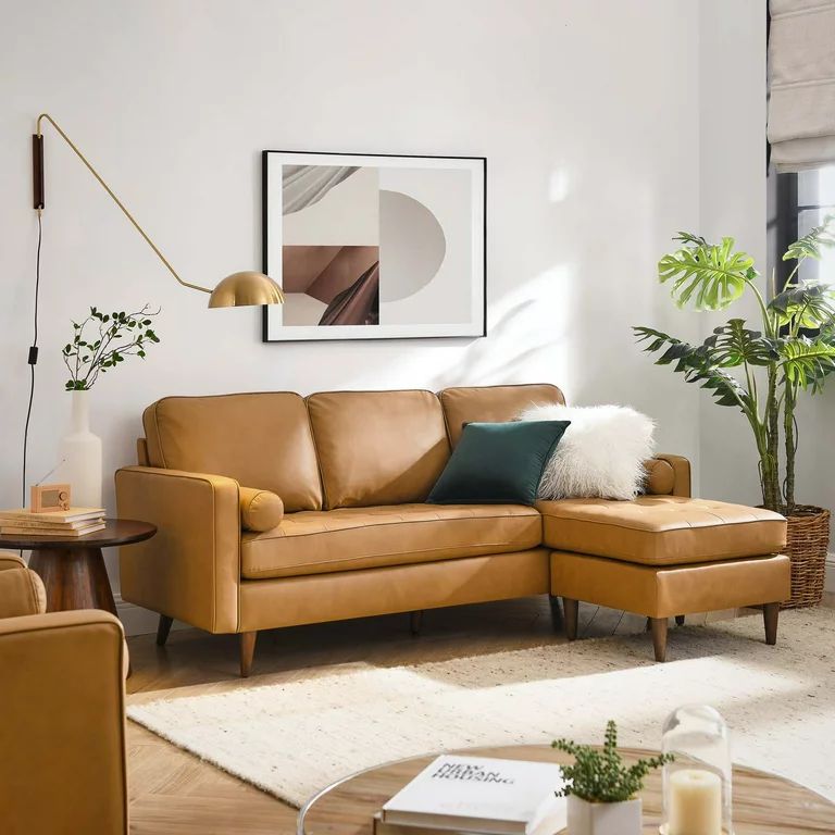 Modway Valour 78" Leather Apartment Sectional Sofa in Tan | Walmart (US)