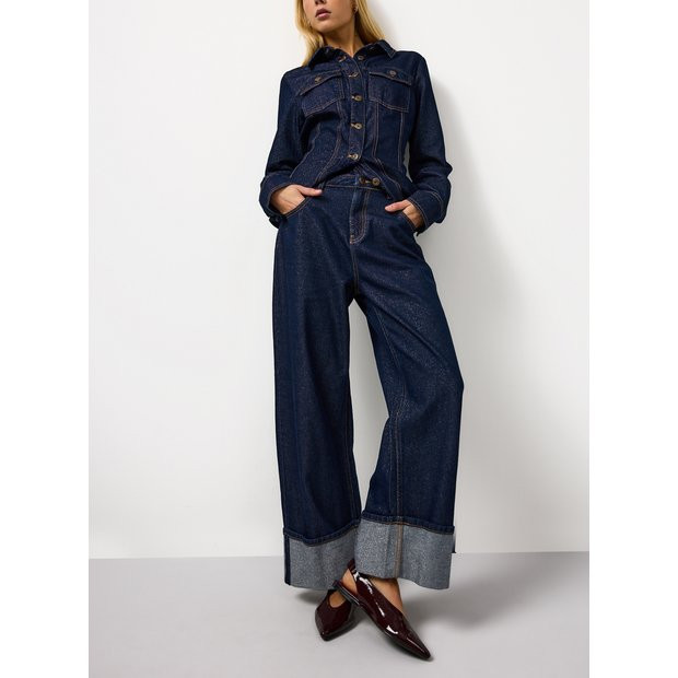 Dark Rinse Denim Sparkle Wide Leg Baggy Turn Up Jeans 10L | Tu Clothing