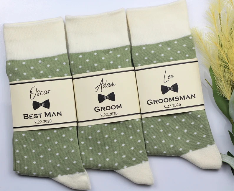 Groomsmen socks, Sage green and Ivory polka dot socks, Socks Labels,  Personalized Groomsmen sock... | Etsy (US)