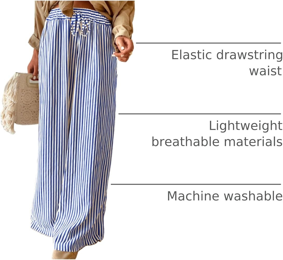 Acelitt Women Casual Drawstring Elastic Waist Striped Wide Leg Pants with Pockets, S-XXL | Amazon (US)