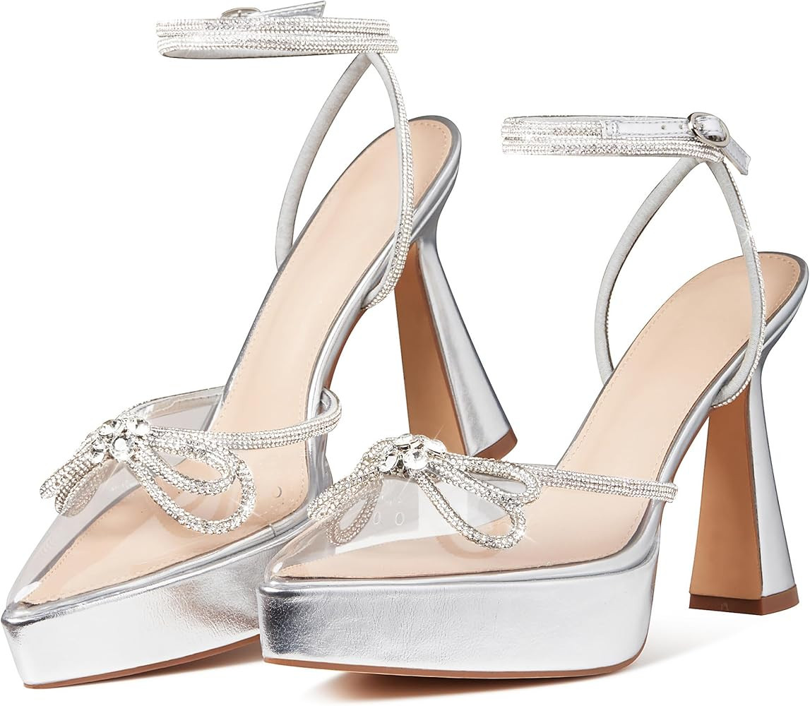 Goiphrri Platform Ankle Strap High Heeled Lace Up Pumps Sandals Ankle Buckle Straps Pump Rhinesto... | Amazon (US)