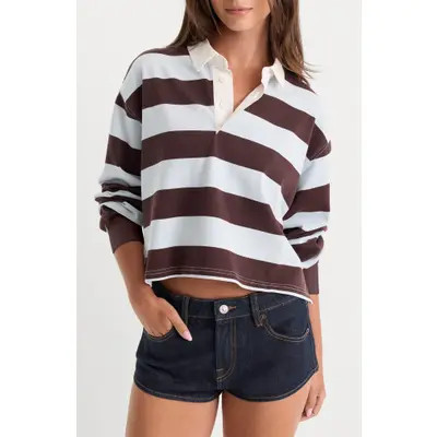 Good American The Cropped Stripe Long Sleeve Rugby Shirt in Navy Berry Noir Block Stripe at Nordstrom, Size X-Small | Nordstrom