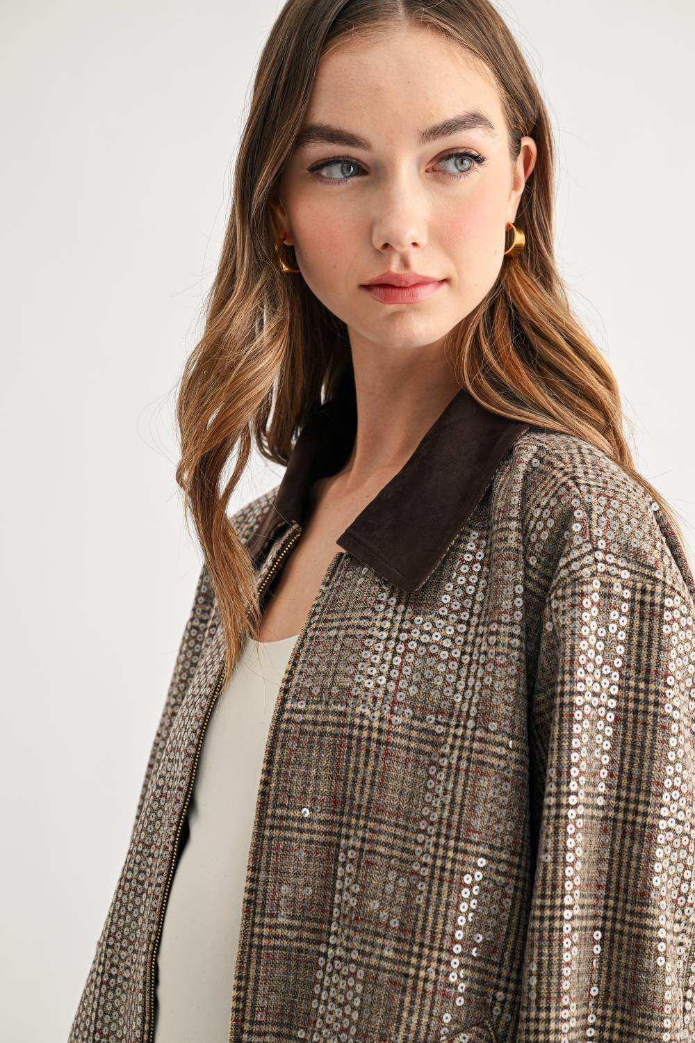 Jezel Sequin Plaid Zip-Up Jacket | Joh Apparel