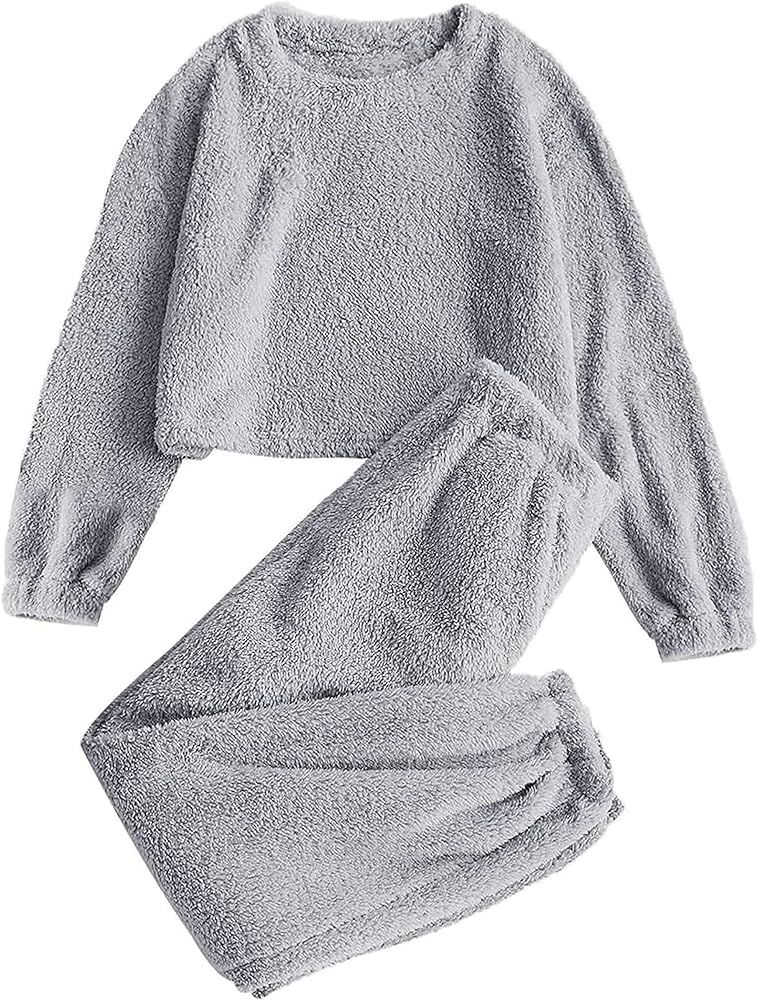 Yeokou Women's Fleece Pajamas Sets Fluffy Sleepwear 2 Piece Warm Cropped Pullover Pants Pockets F... | Amazon (US)