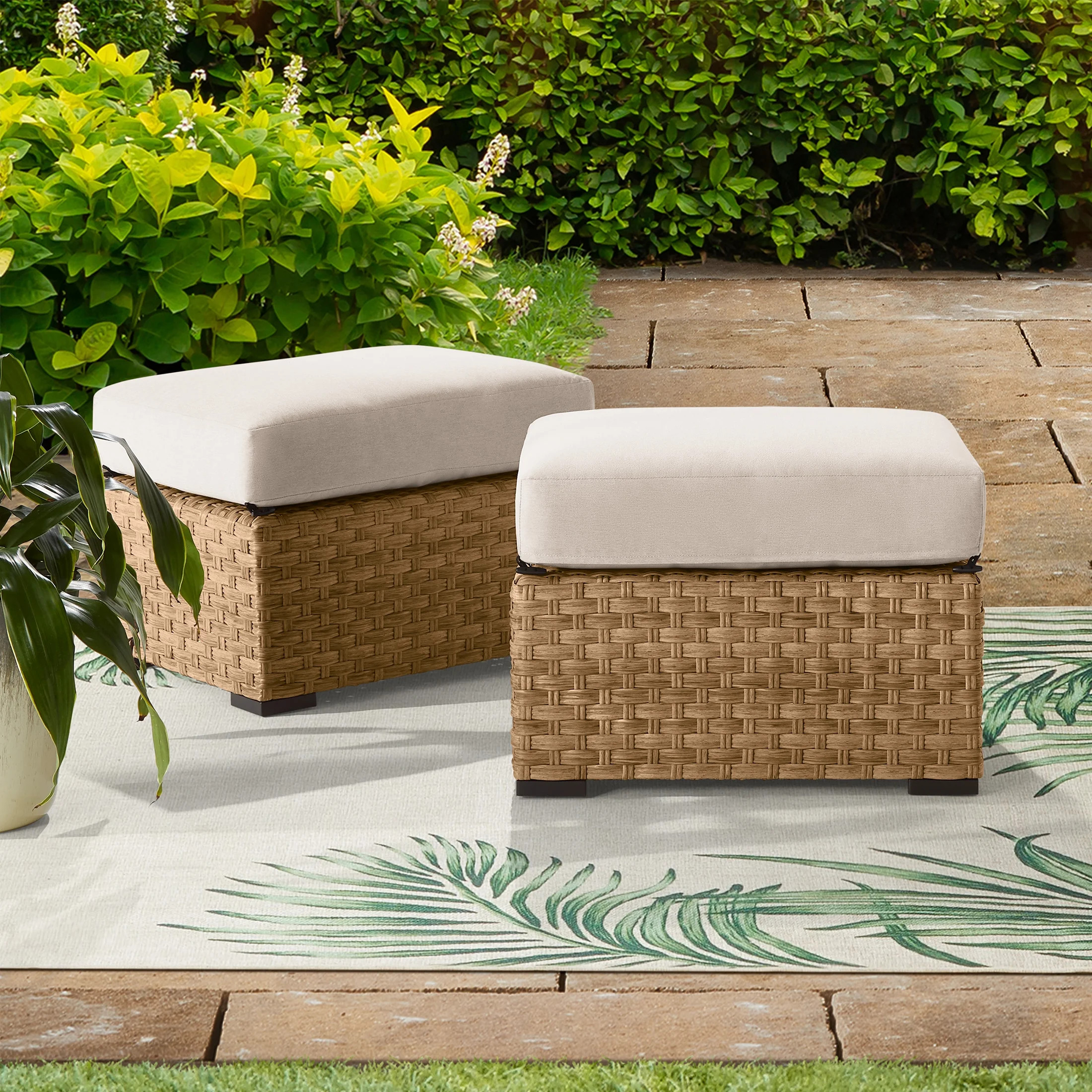 Better Homes & Gardens River Oaks All-Weather Wicker Outdoor Ottomans – 2 Pack, Natural | Walmart (US)