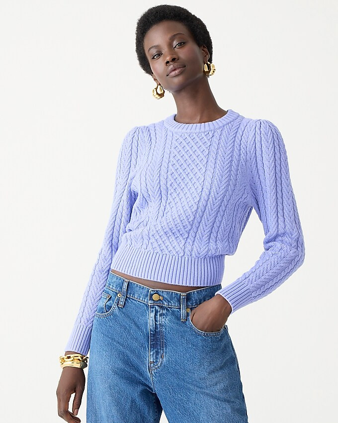 Cable-knit puff-sleeve crewneck sweater | J. Crew US