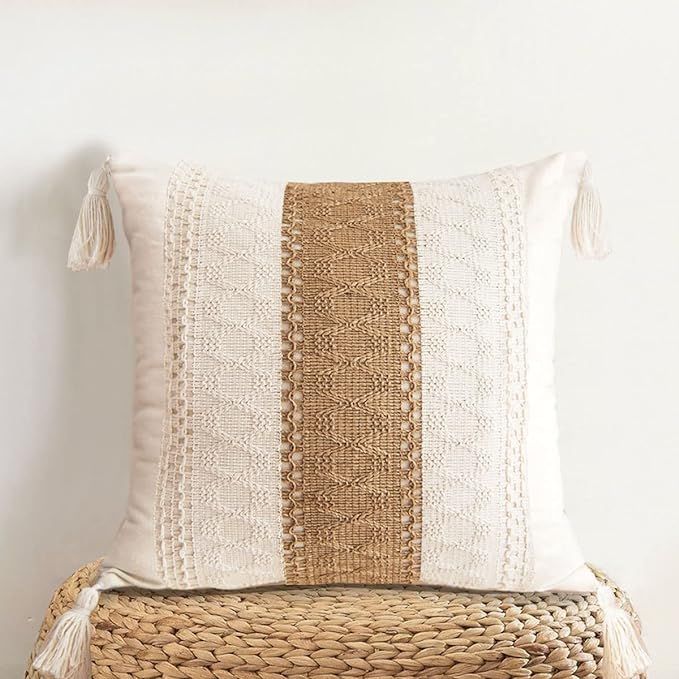 DUKYMIK Woven Farmhouse Accent Decorative Throw Pillow Cover for Couch Sofa Cotton & Jute Striped... | Amazon (US)