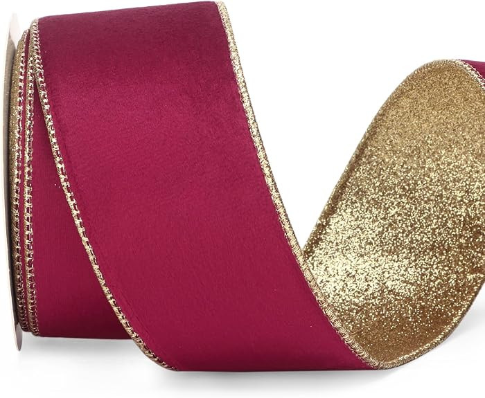Ribbli Burgundy Velvet Wired Ribbon 2.5 Inch Burgundy Velvet with Gold Glitter Christmas Ribbon f... | Amazon (US)