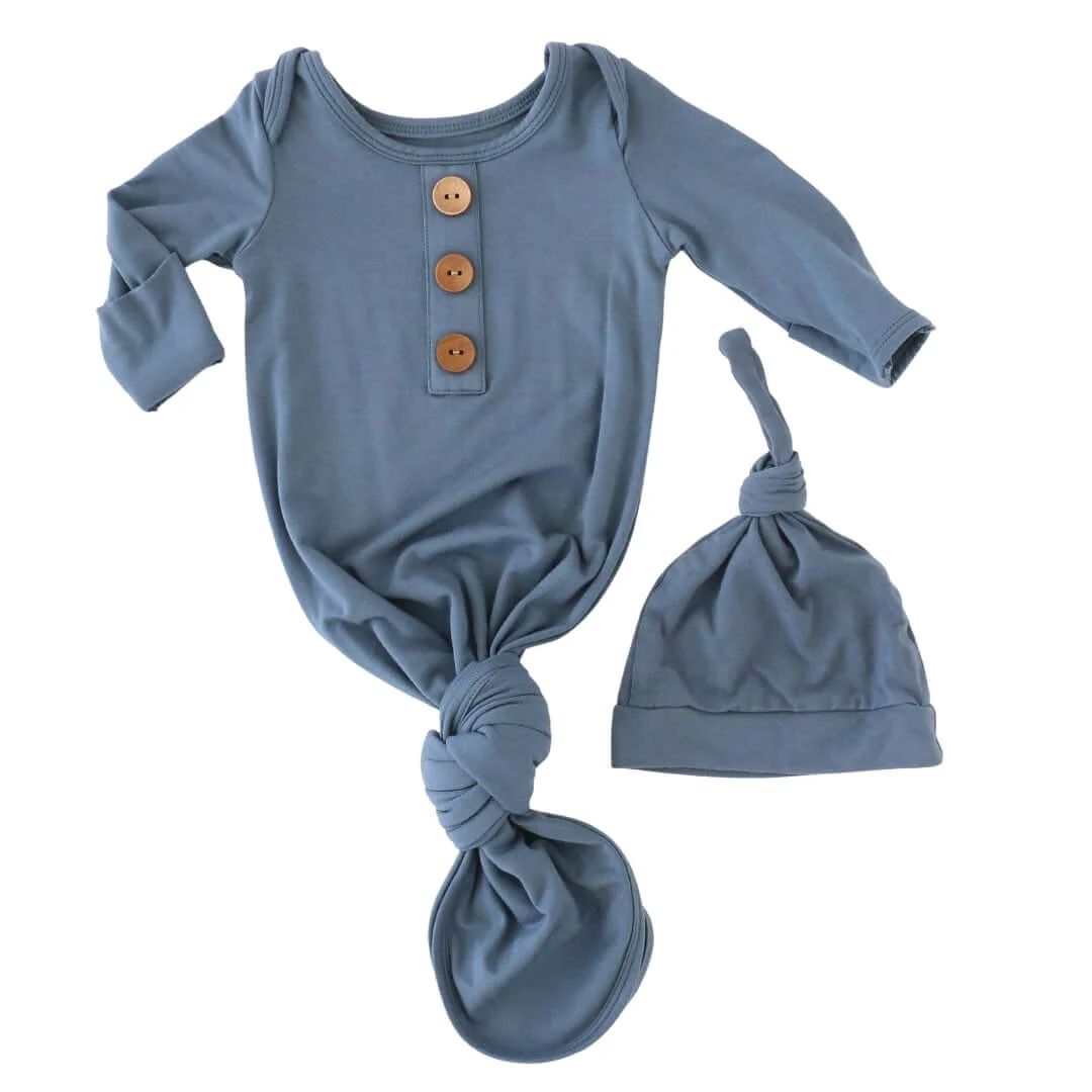 Solid Dusty Blue Bamboo Baby Knot Gown & Hat | Caden Lane