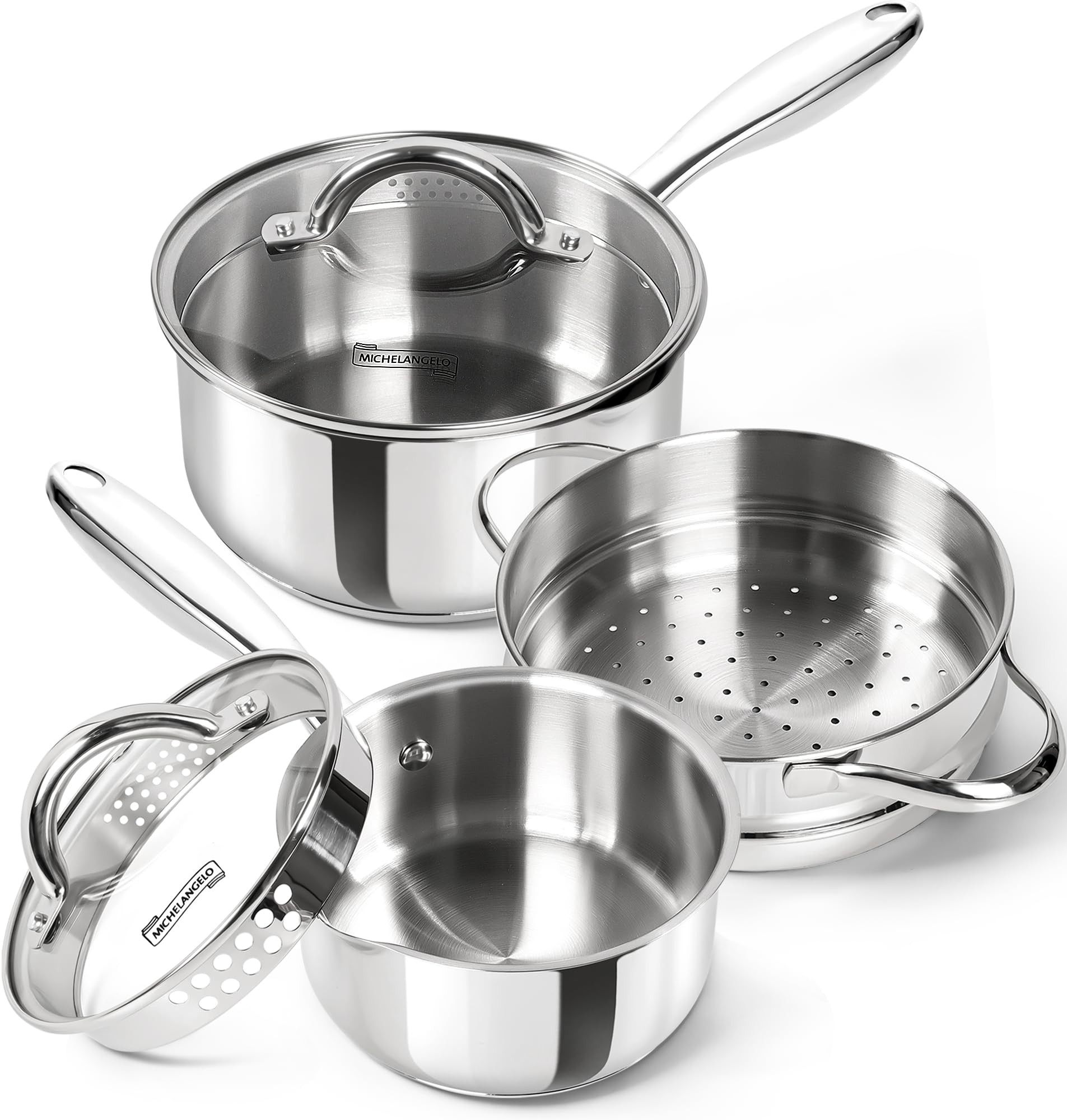 MICHELANGELO Stainless Steel Sauce Pot Set with Steamer 5Pcs, 18/10 Saucepan Set with Pour Spout ... | Amazon (US)