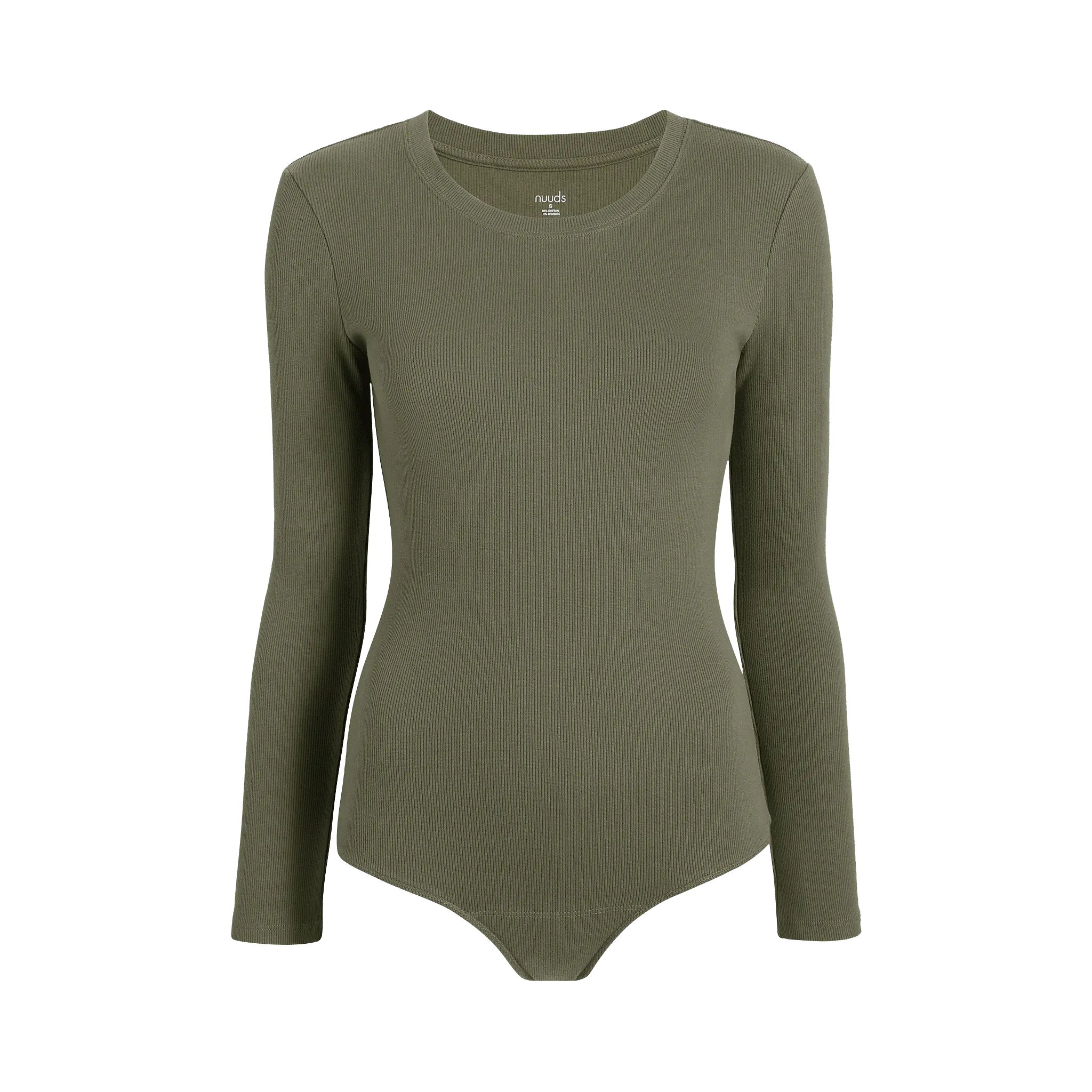 Long Sleeve Ribbed Crewneck Bodysuit | Olive - nuuds | nuuds