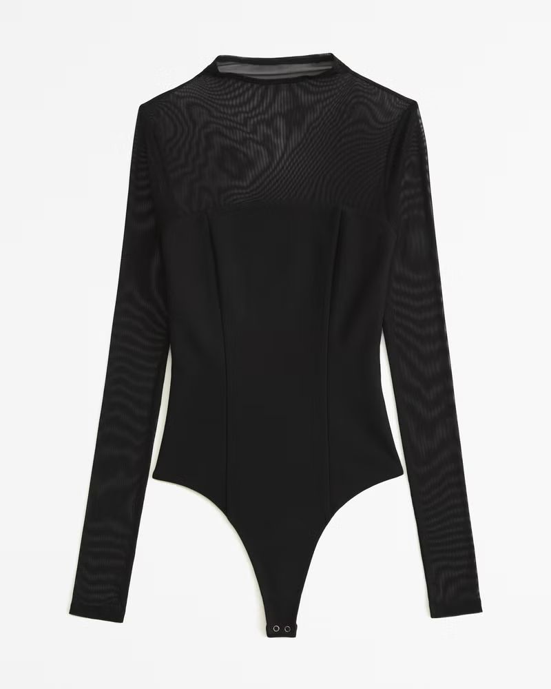 Long-Sleeve Mesh Crepe Mockneck Bodysuit | Abercrombie & Fitch (US)