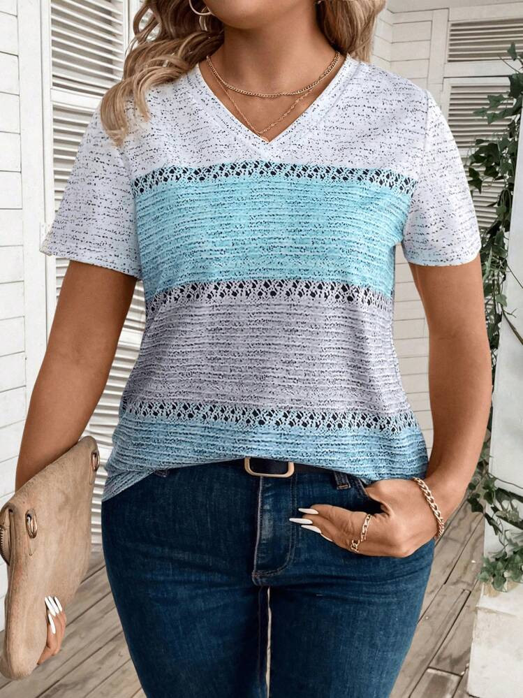 INAWLY Plus Size Women Contrast Color V-Neck Short Sleeve T-Shirt, Women Summer Top | SHEIN