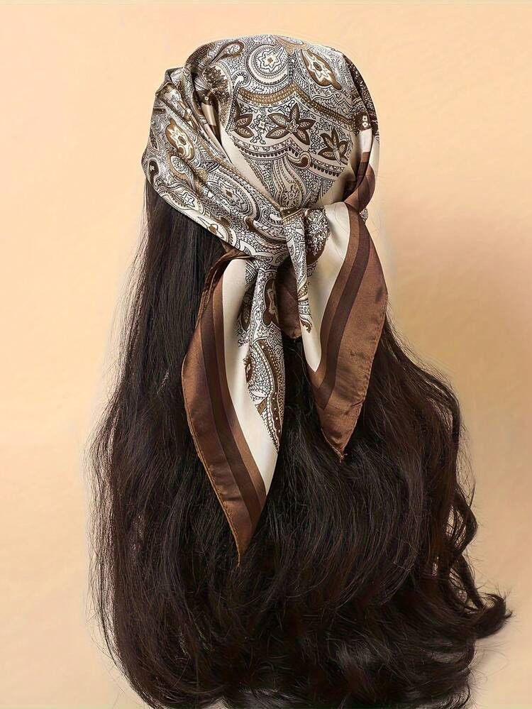 1pc Women's 90cm Brown Vintage Style Chiffon Scarf, Classic Silk Headscarf, Bohemian Outdoor Travel Headwear Accessory, Ideal Decorative Accessory | SHEIN