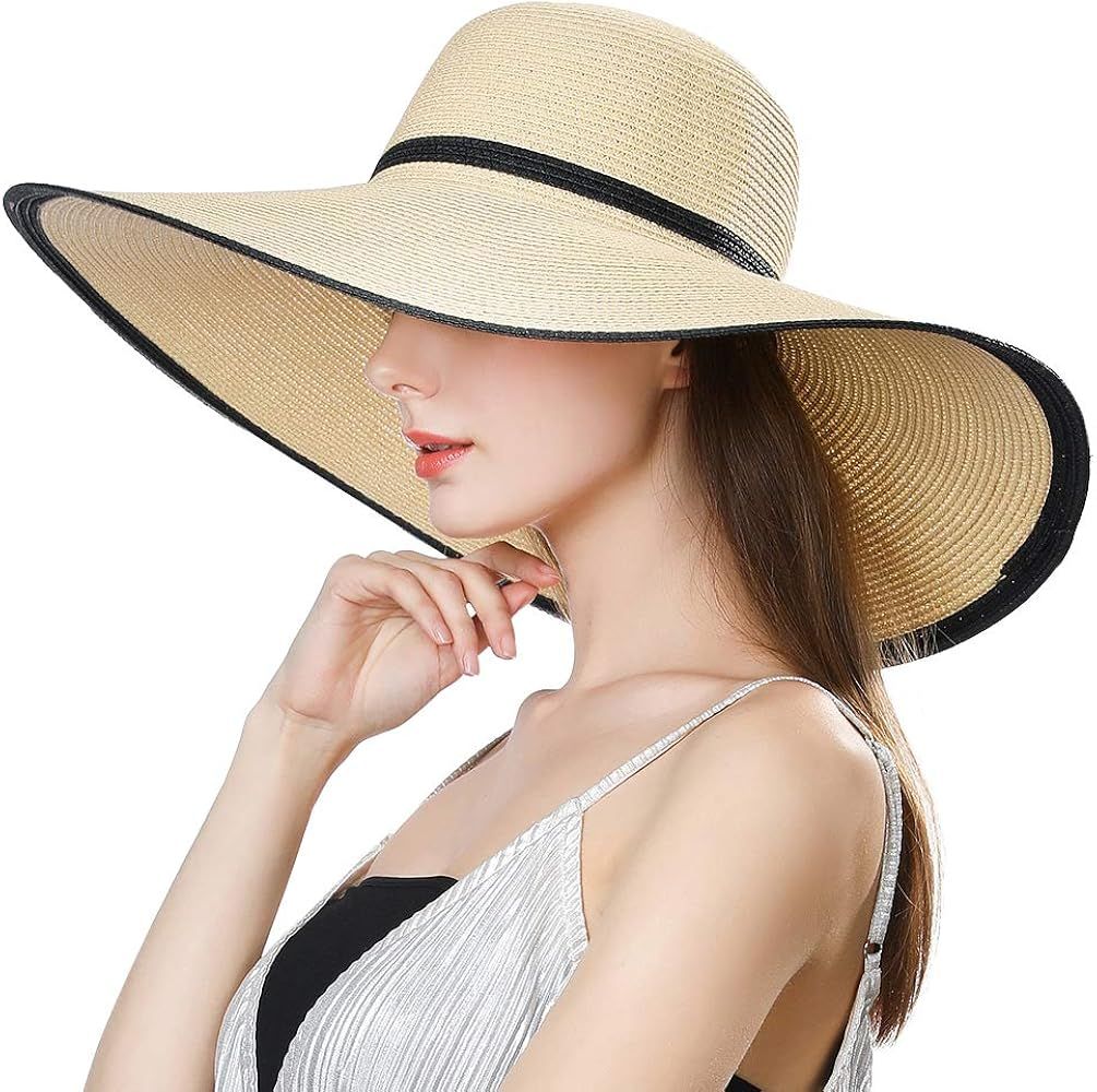 Packable UPF Straw Sunhat Women Summer Beach Wide Brim Fedora Travel Hat 54-59CM | Amazon (US)