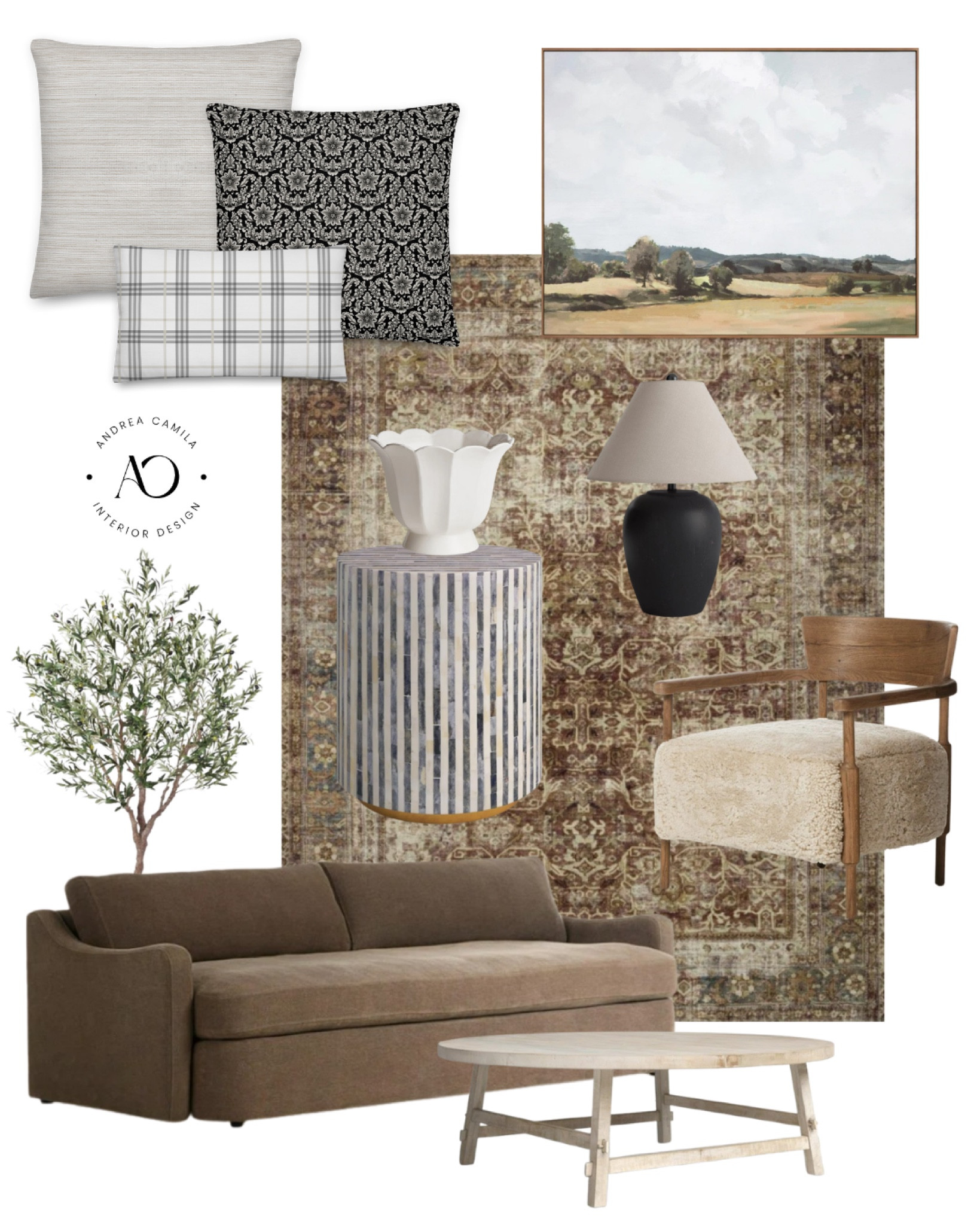 Best vintage inspired living room. Ceramic scalloped planter. Faux olive tree in pot 7 foot tree. Country landscape large scaled art. Machine washable traditional area rug. Black farmhouse, table lamp. Wooden and table. Wooden solid wood, coffee table round wooden upholstered arm chair, Accent chair, 96 inch brown upholstered sofa couch

#LTKfindsunder50 #LTKsalealert #LTKhome