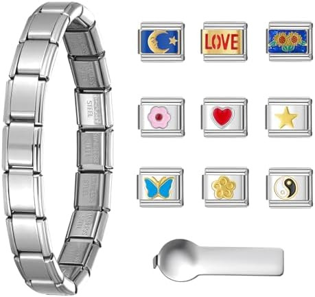 SWEETV Stainless Steel 18 Link Polish Italian Charm Bracelet with 1Pcs Starter Brascelet, 9Pcs/20... | Amazon (US)