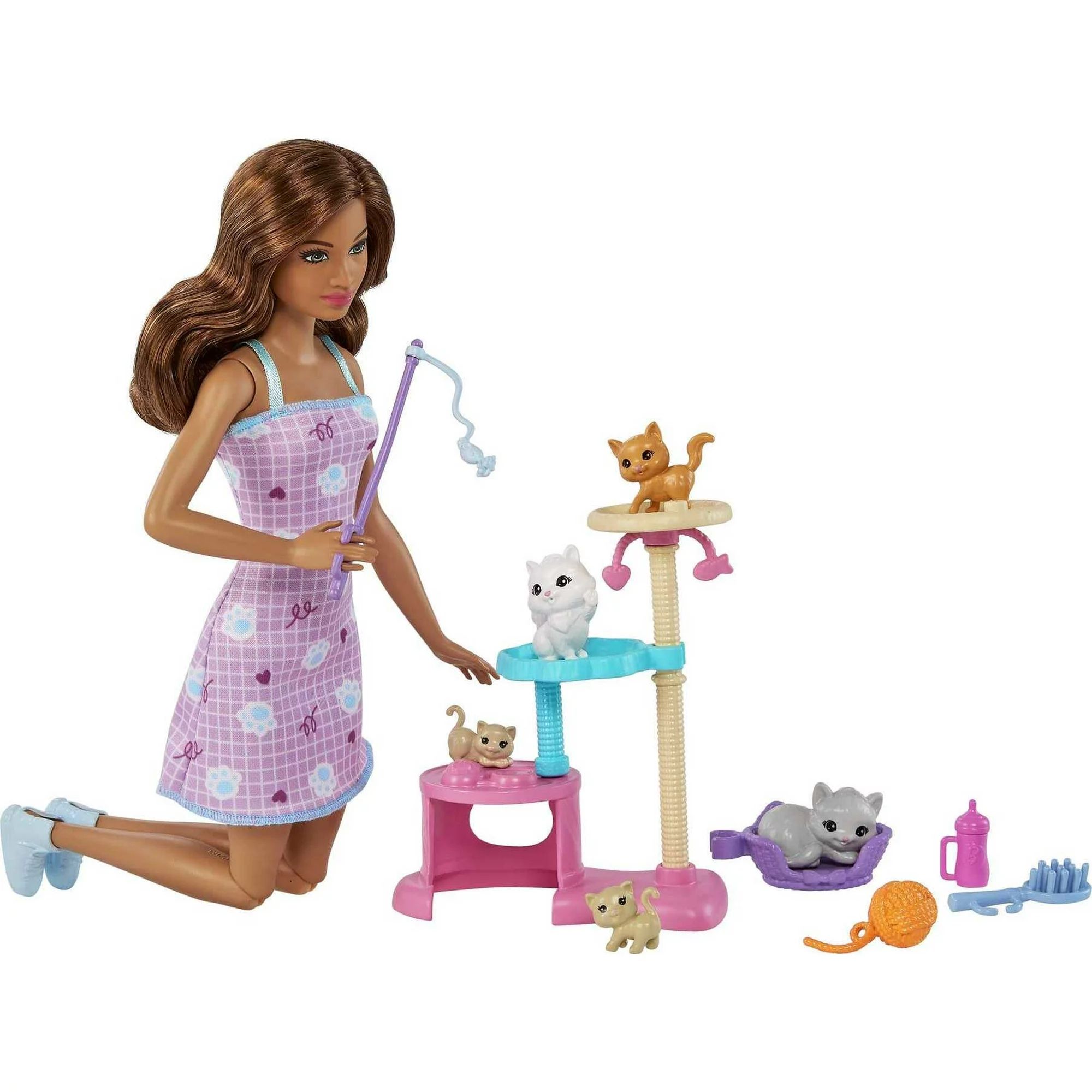 Barbie Kitty Condo Playset with Brunette Fashion Doll, 4 Kittens, Cat Tree & Accessories | Walmart (US)