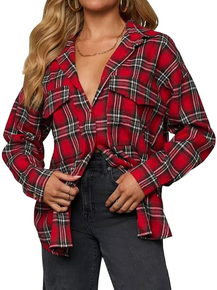 LACOZY Womens Flannel Checked Shirts Long Sleeve Oversized Buffalo Plaid Shirt Collar Button Down... | Amazon (UK)
