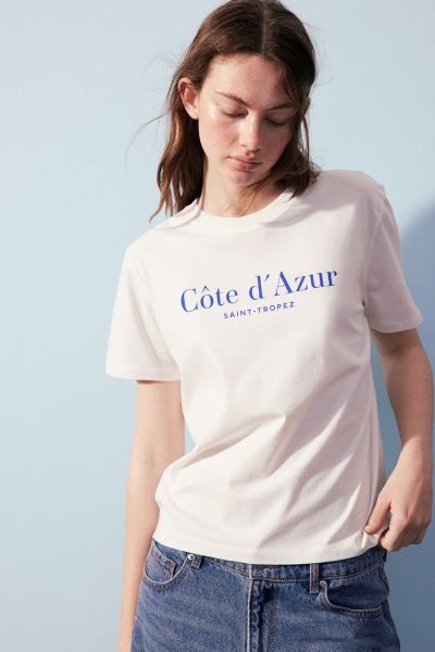 Cotton T-shirt - White/Côte d'Azur - Ladies | H&M US | H&M (US + CA)