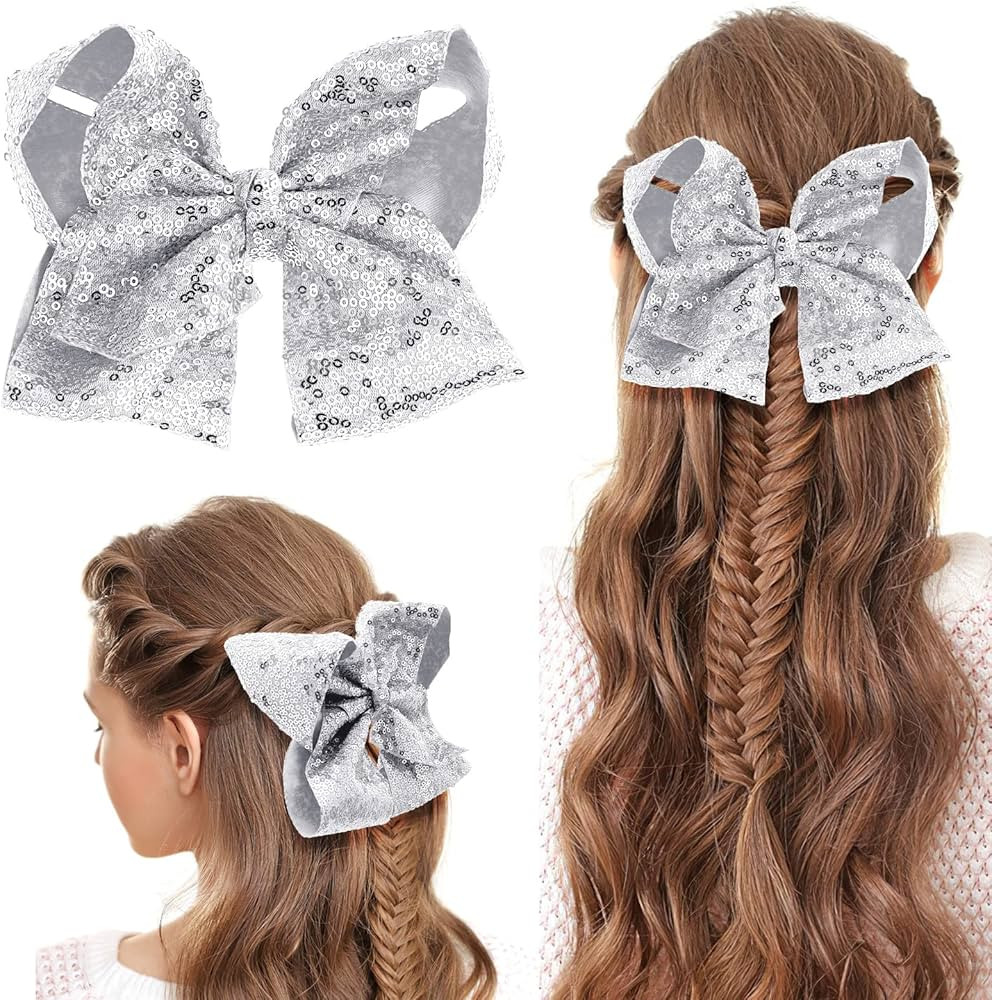 Sibba 1 PC Hair Bow 8 Inches Big Clip Sequin Oversize Sequined Barrettes Glitter Layered Pigtail ... | Amazon (US)