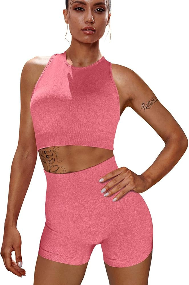 Workout Sets for Women 2 Piece Outfits Seamless High Waisted Yoga Shorts Running Sports Bra Cloth... | Amazon (US)