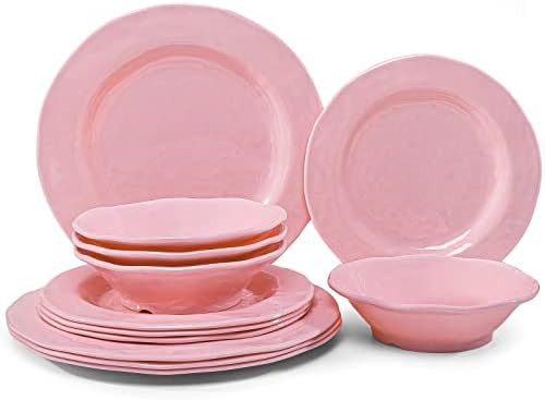 LEHAHA Pink Dishes Melamine Dinnerware Sets, 12 Piece Kitchen Plates and Bowls Dinnerware Sets, L... | Amazon (US)