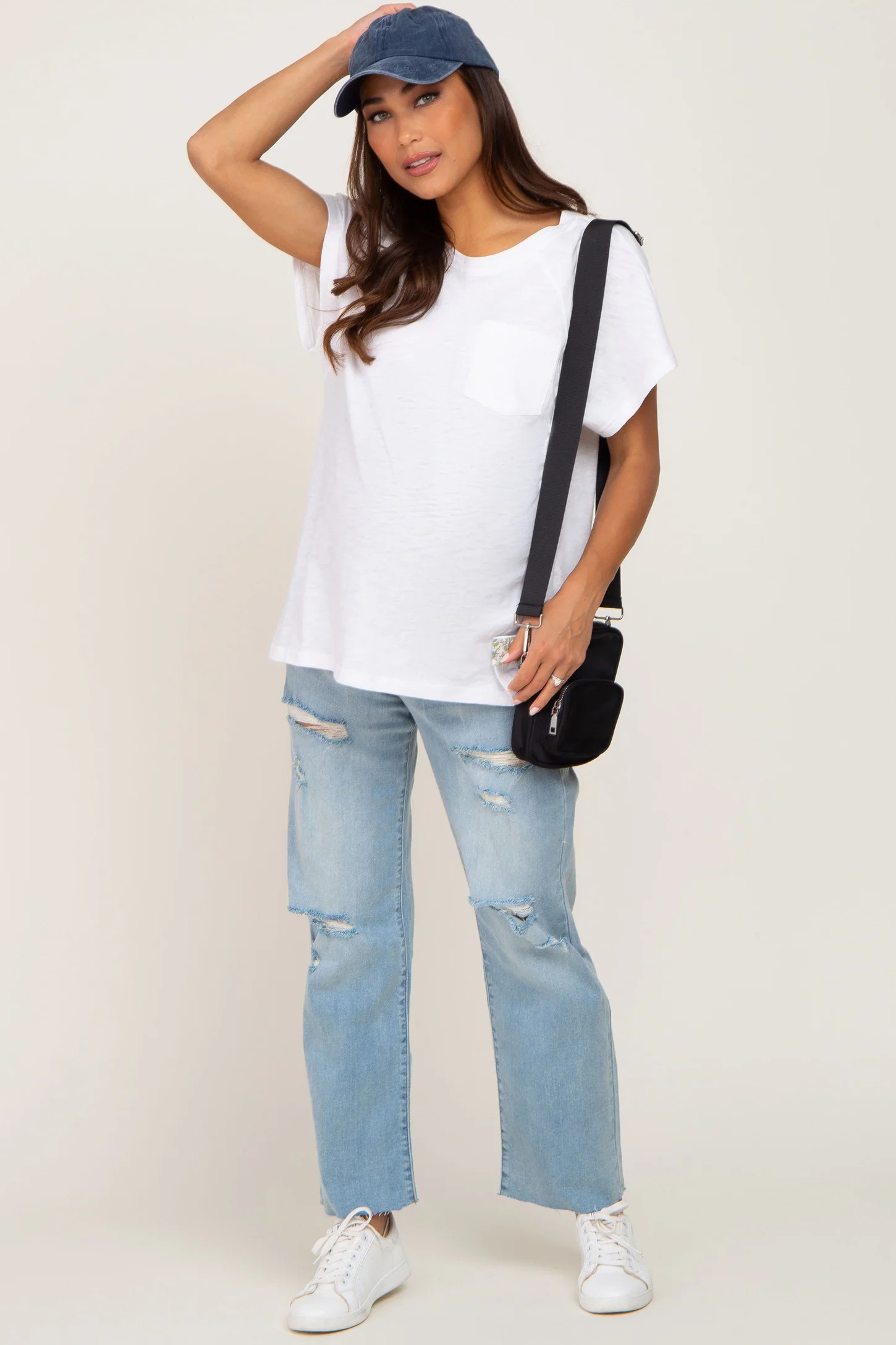 Light Blue Distressed Straight Leg Maternity Jeans | PinkBlush Maternity