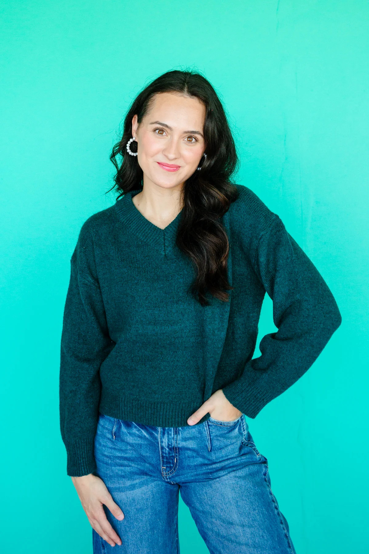 Ashleigh Brushed V-Neck Sweater - Pine Green | MyEllement Boutique