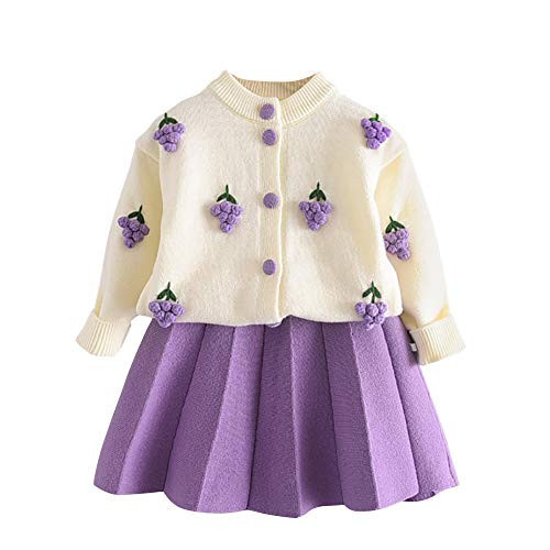 OBEEII Toddler Girl Fall Outfits Baby Toddler Kid Knitted Sweater Cardigan Shirt Top Ruffled Pleated Skirt Sweater Dress Cute Birthday School Day Picture Casual Winter Set Purple-Grape 5-6 Years | Amazon (US)
