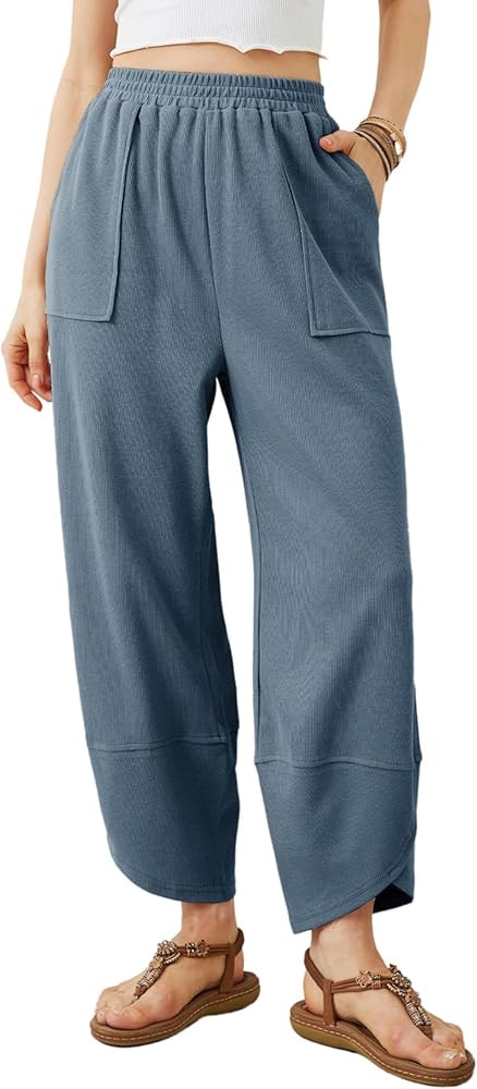 Womens Baggy Wide Leg Pants Summer Casual Elastic Waist Palazzo Harem Pants with Pockets | Amazon (US)