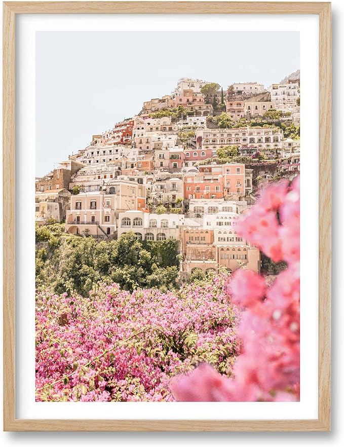 HesenDot Natural OAK Wood Amalfi Coast Framed Wall Art,12x16in Italy Beach Canvas Wall Print, Pin... | Amazon (US)