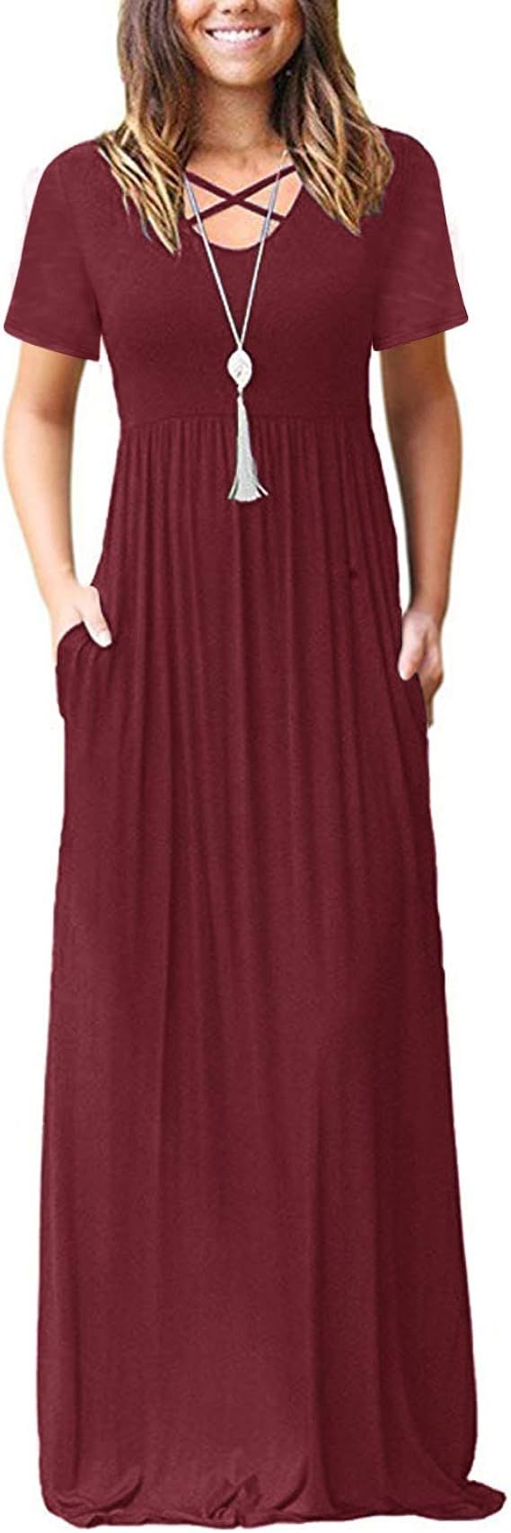 Kidsform Women's Short Sleeve Maxi Dresses Casual Plain Solid Loose Long Dresses Kaftan with Pock... | Amazon (US)