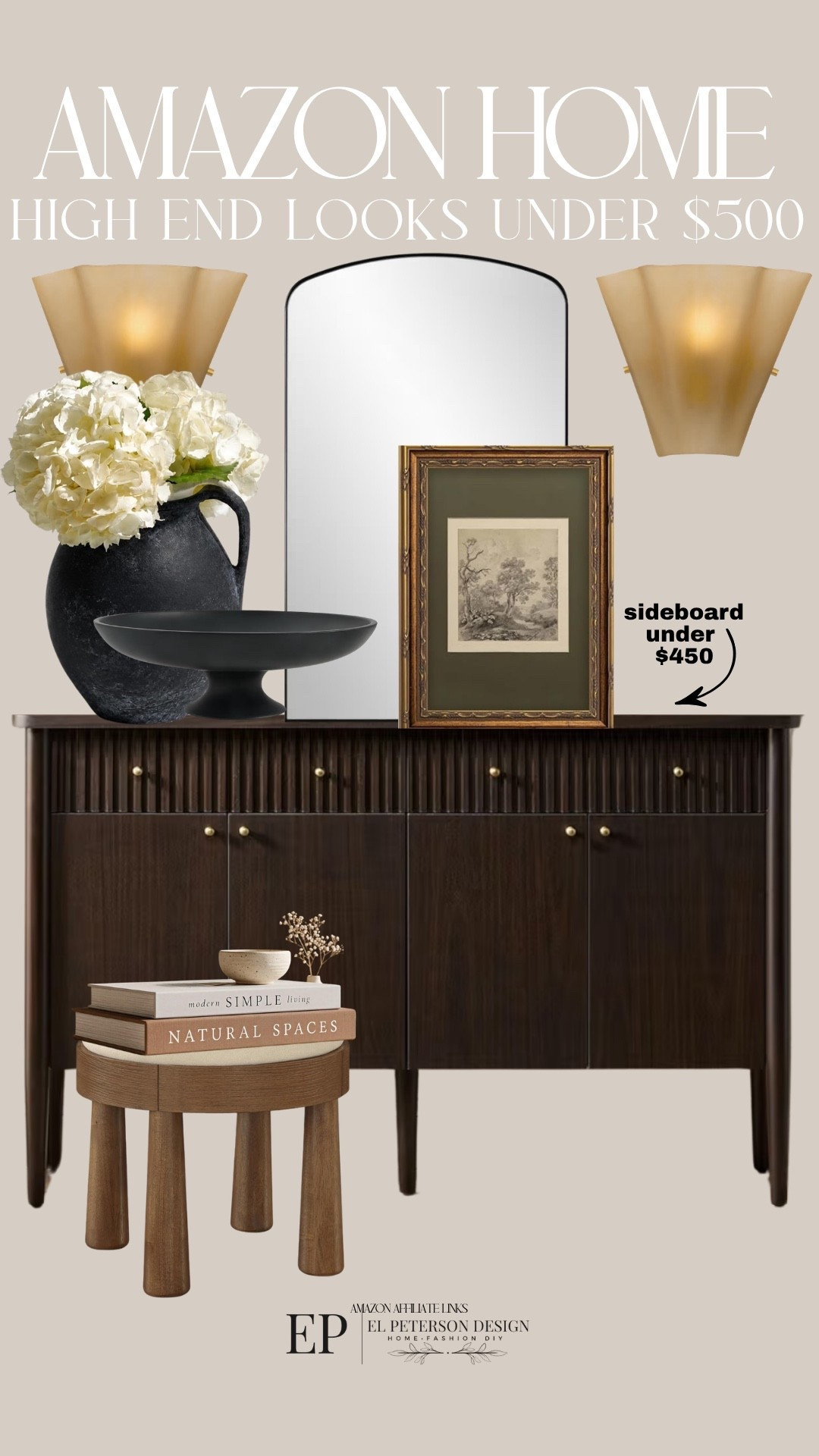 Amazon
Mirror
Accent cabinet
Stool
Decorative books
Vase
Artwork
Wall sconce
Bowl