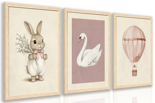 Hianan Pink Baby Girl Nursery Wall Decor Cute Bunny Wall Art Cozy Rabbit Canvas Artwork Elegant Swan Poster Prints Vintage Hot Air Balloon Painting Prints for Kid's Room Baby Room Wood Framed 12"x16"x3 | Amazon (US)