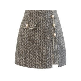 Golden Fringe Buttoned Tweed Mini Bud Skirt in Smoke | Chicwish