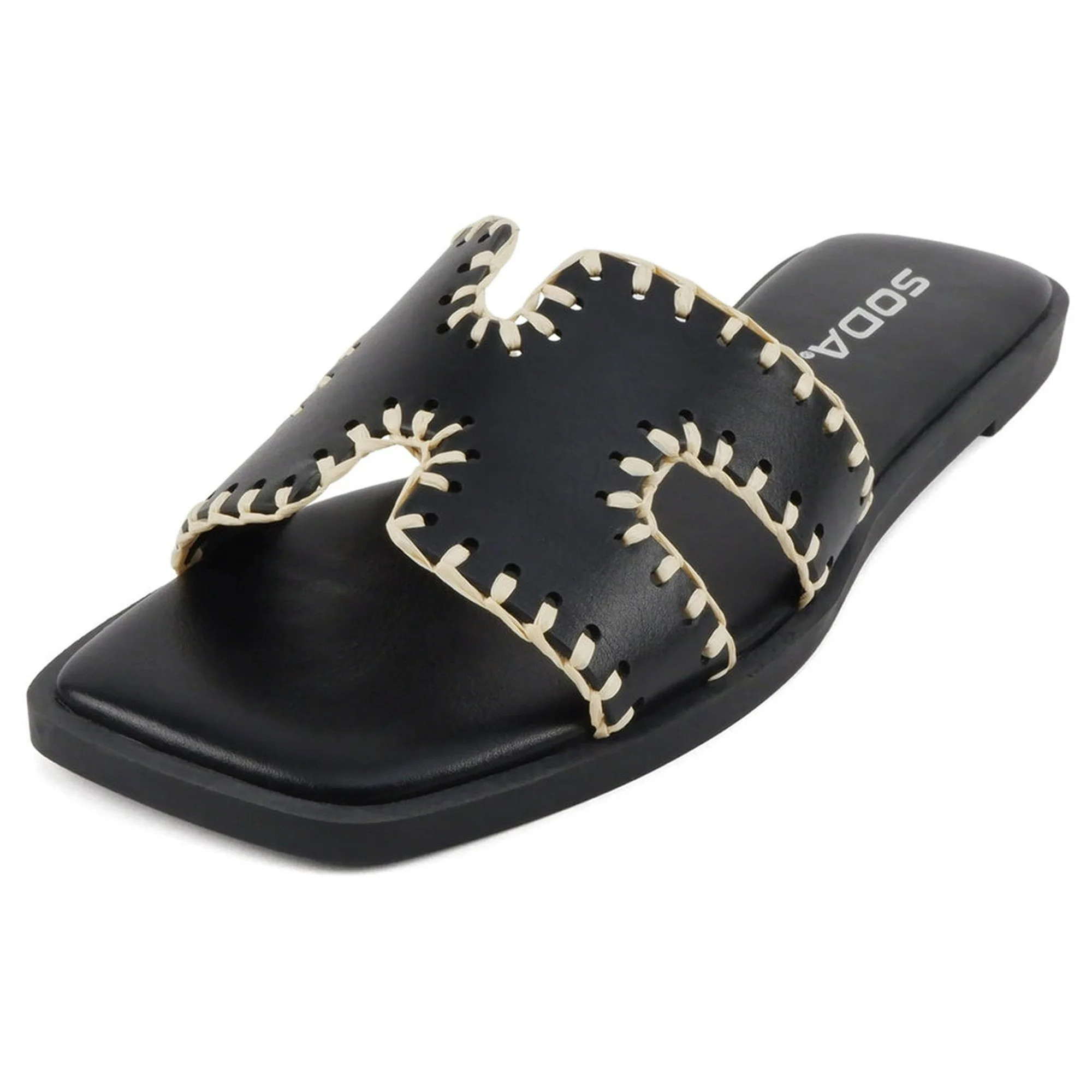 Soda Shoes Women Slip-On Sandals H-Band Flat Flip-Flops Slides Raffia Stitching Square Toe Finity... | Walmart (US)